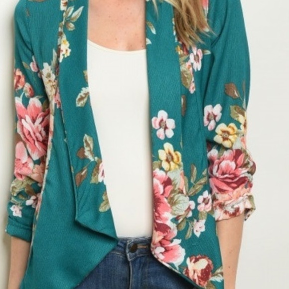 Floral Flower Print Open Front Blazer Jacket - Picture 2 of 3